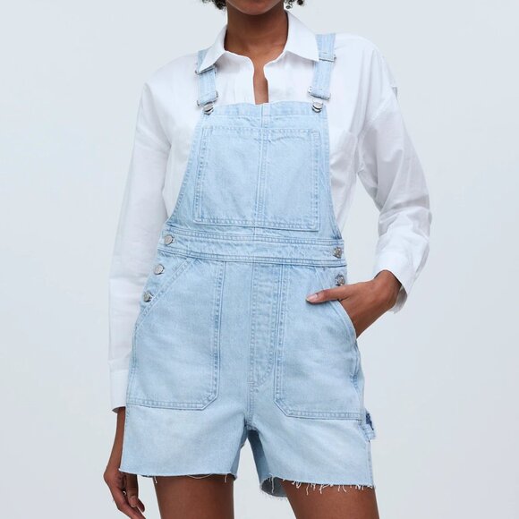 Madewell Denim Oversized Carpenter Short Overalls - Picture 1 of 5